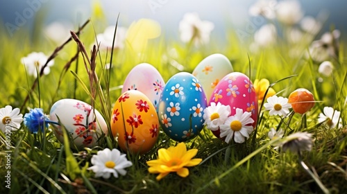 Charming Easter eggs embellished with beautiful flowers, placed in the fresh green grass, creating an enchanting springtime tableau, captured in high definition