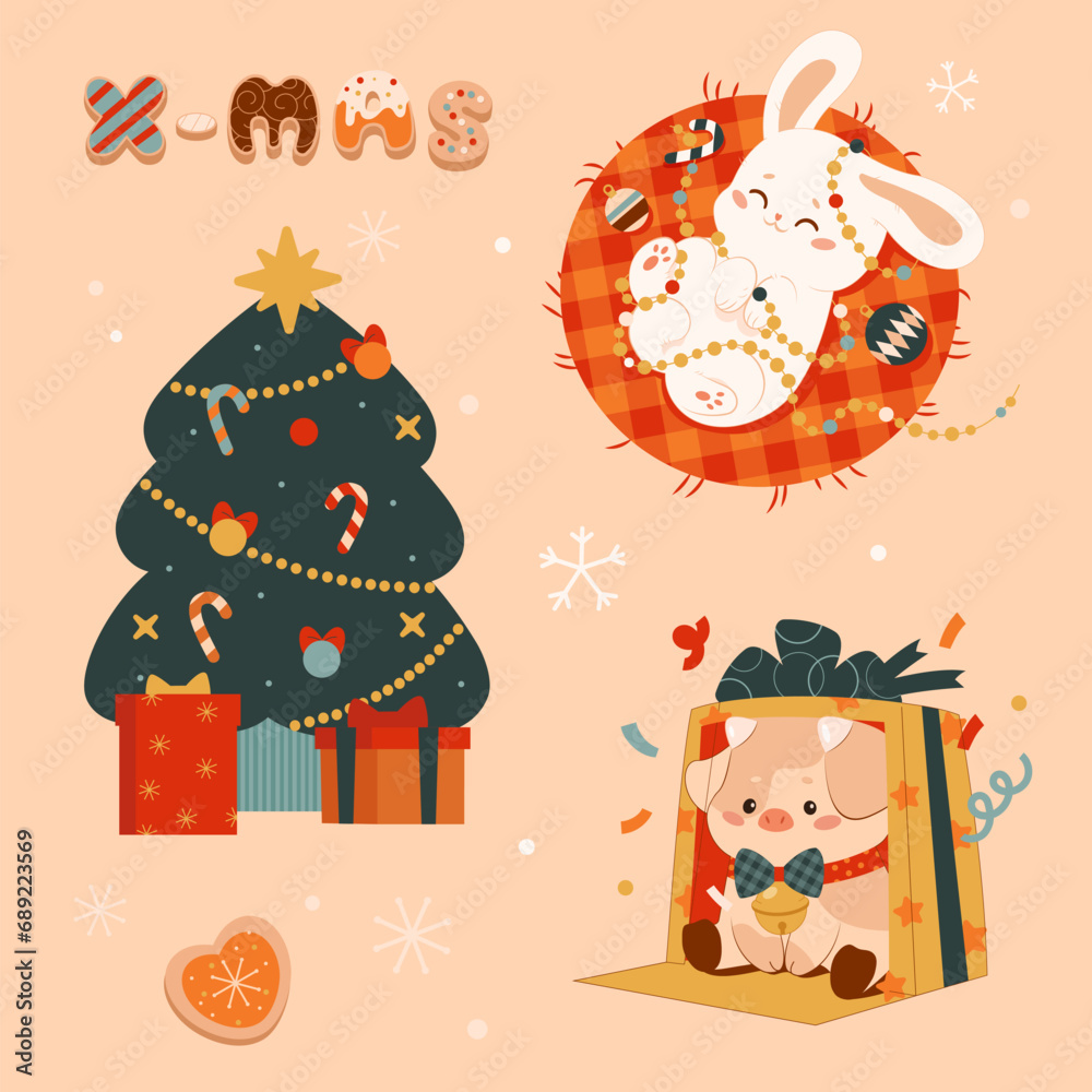 Set of сartoon funny cute characters in kawaii style. Christmas tree, piggy, gift, bunny. Handmade gingerbread lettering for Xmas. Vector illustration