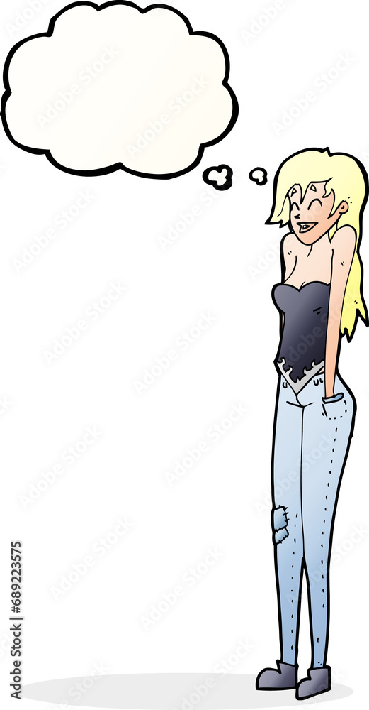 Obraz premium cartoon pretty woman shrugging shoulders with thought bubble