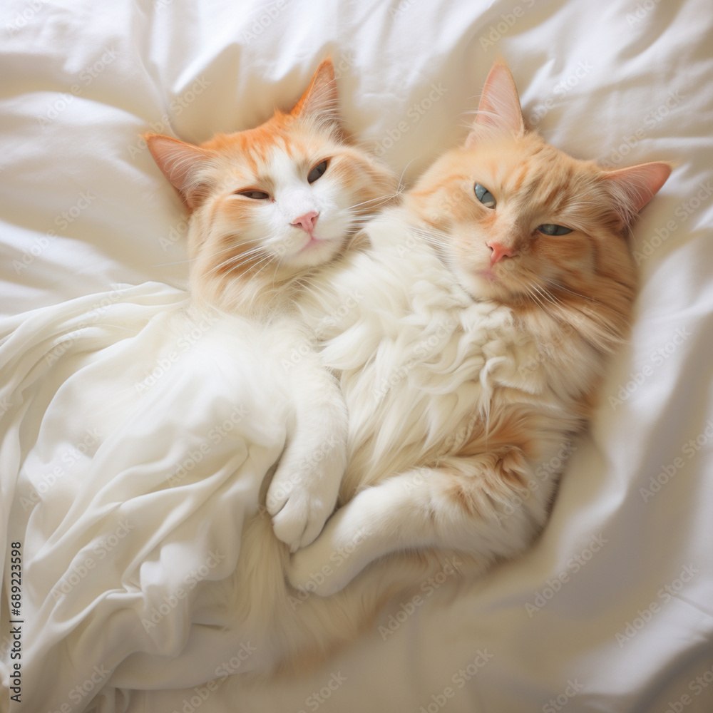 Looking at a sleeping ginger cat lying on a big white pillow from above created with Generative Ai