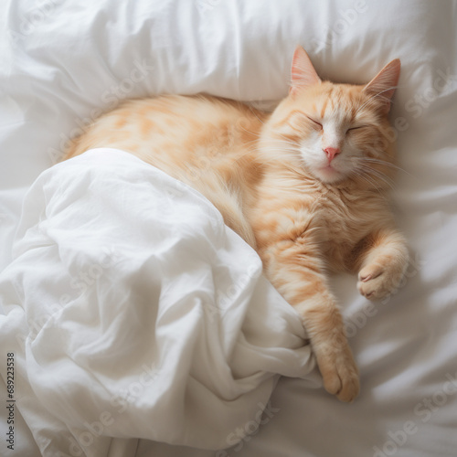 Looking at a sleeping ginger cat lying on a big white pillow from above created with Generative Ai