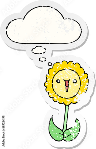 cartoon flower with thought bubble as a distressed worn sticker