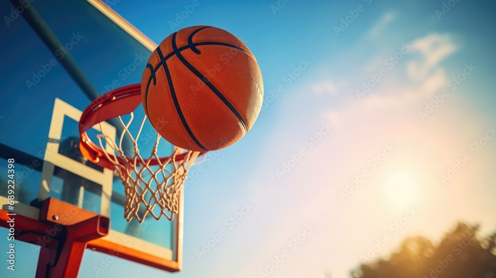 A basketball ball is being launched at a basketball hoop, in the style of contrasting,