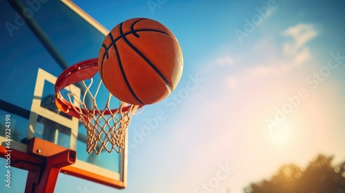 A basketball ball is being launched at a basketball hoop, in the style of contrasting, photo