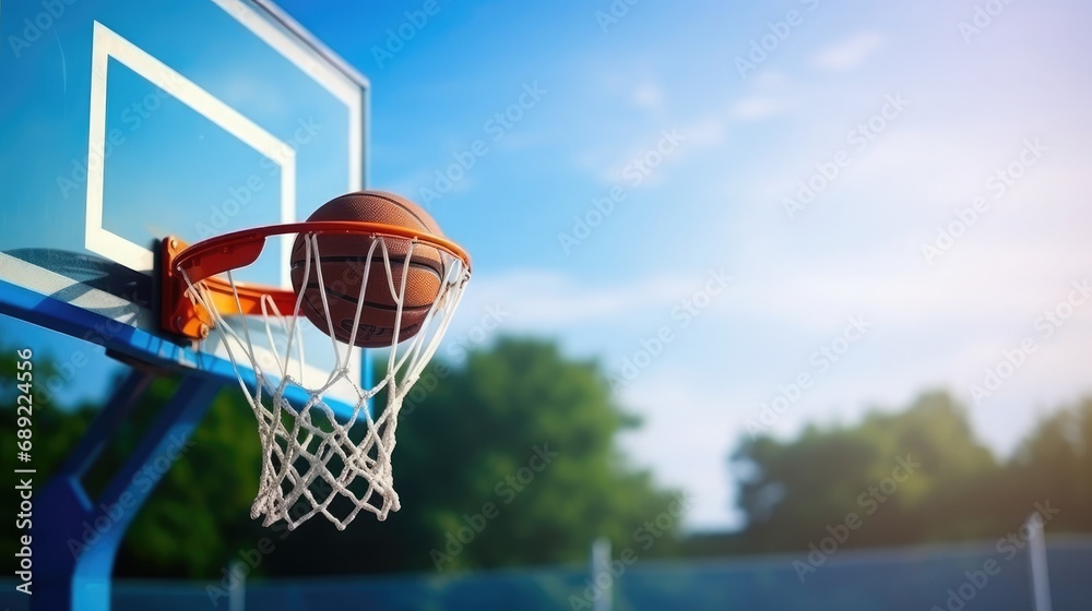 A basketball basket with a ball on a blue sky background.