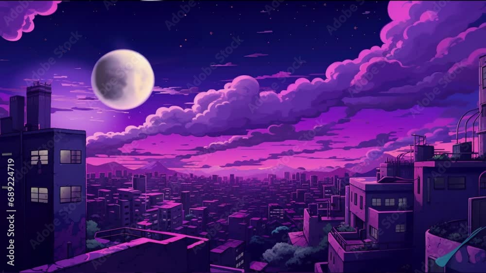  Loop animated virtual backgrounds Landscape city background moon, dark sky and stars with a colorful fractal nebula Generative AI