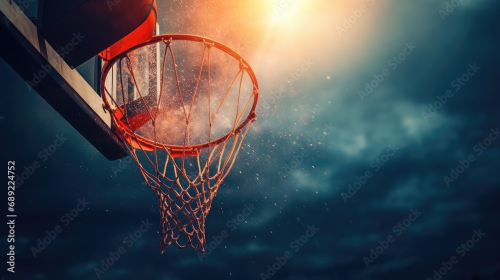 A photo of a basketball suspended mid-air,