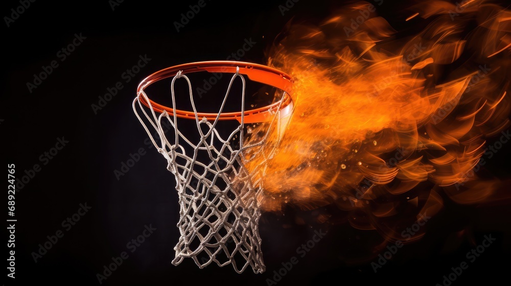 A photo of a basketball suspended mid-air, just moments before it swishes through the net, 