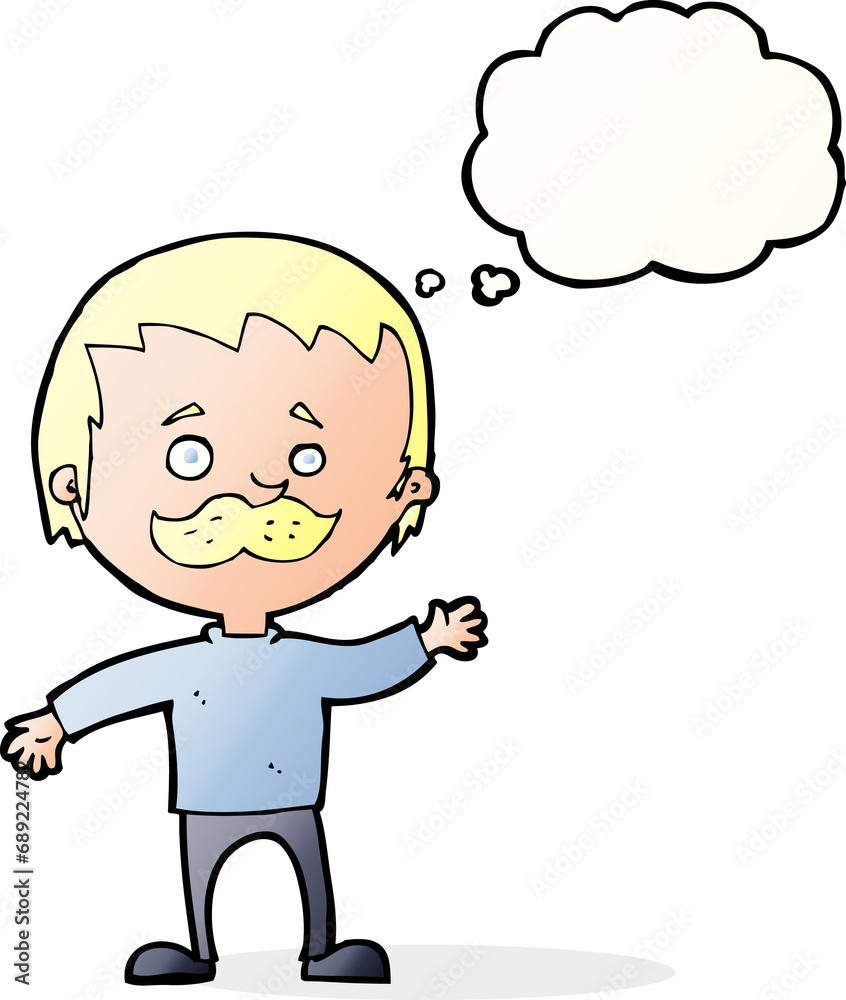 cartoon man with mustache waving with thought bubble cartoon man with mustache waving with thought bubble
