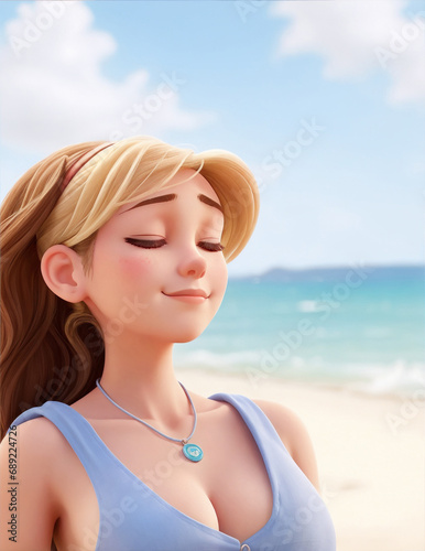 Seaside Serenity: A Blissful Portrait of a Young Woman by the Beach, Where Sun-Kissed Beauty Meets Coastal Tranquility, Capturing the Essence of Relaxation and Natural Radiance, generative ai