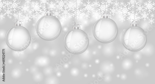 Gray Christmas background. Christmas card. Fallen snowflakes. Christmas silver balls. Vector illustration