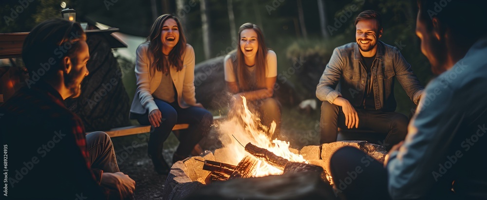People laughing and talking around a campfire with friends. generative AI