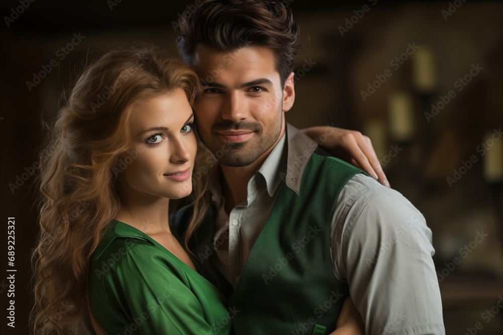 Portrait of young irish couple in green clothes. St patrick's day date. High quality photo