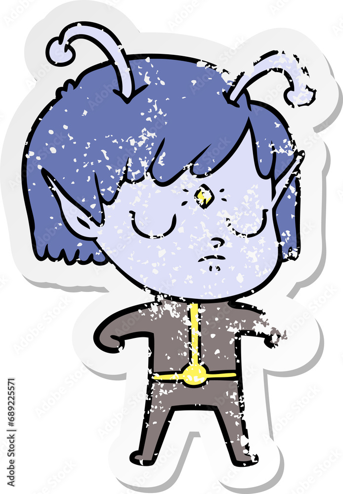 distressed sticker of a cartoon alien girl distressed sticker of a cartoon alien girl