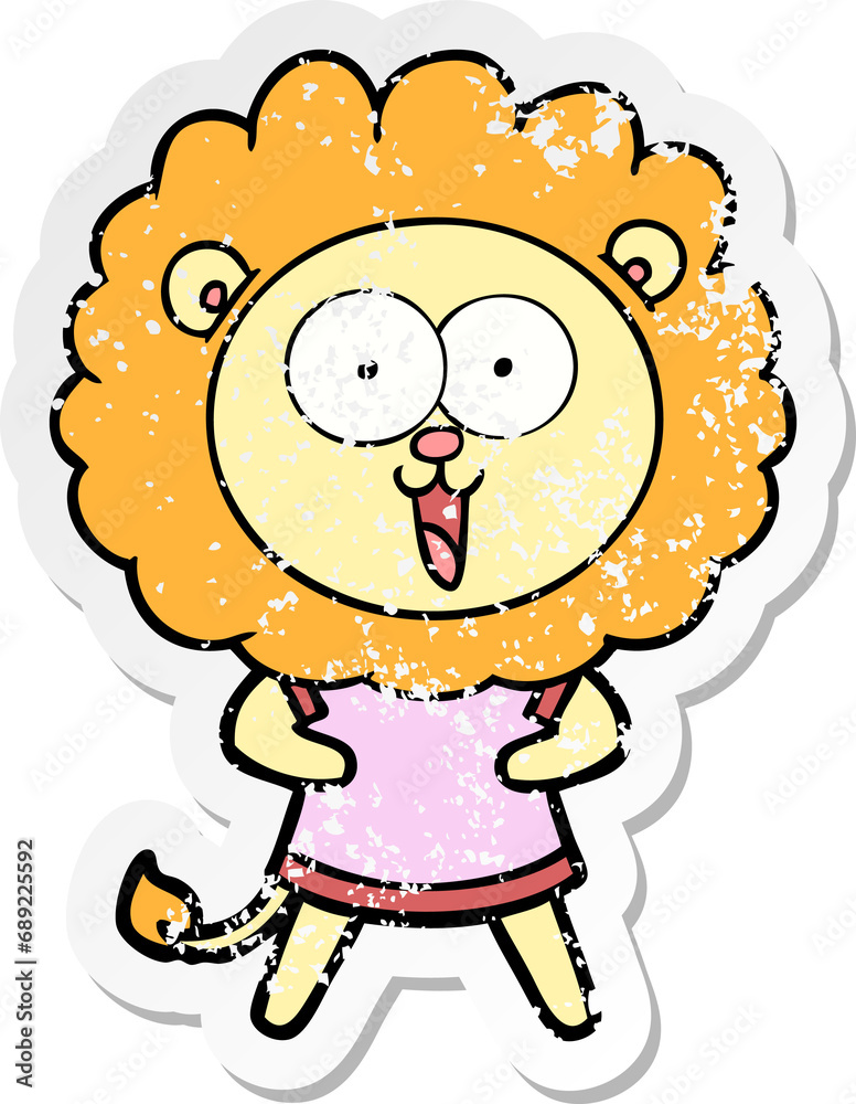 distressed sticker of a happy cartoon lion