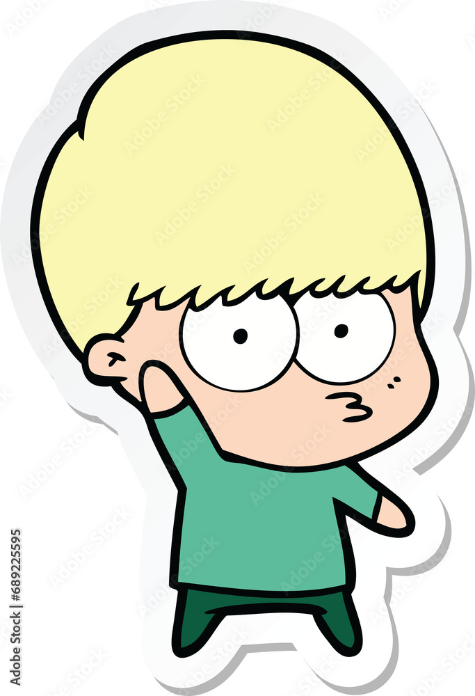 sticker of a nervous cartoon boy waving