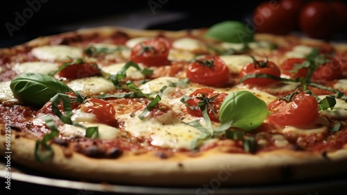 a pizza with tomatoes,cheese, olives and basil