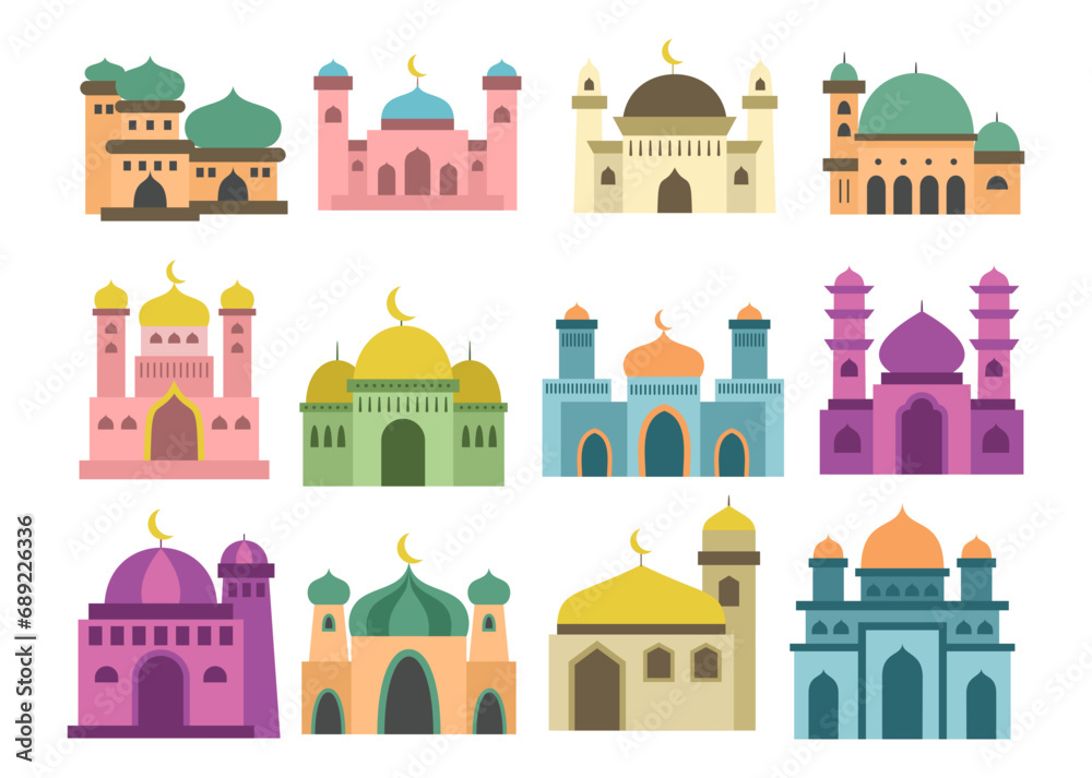 Vector set of islamic mosque. Ramadan Kareem, Happy Eid Mubarak. Flat Mosque building set stock illustration
