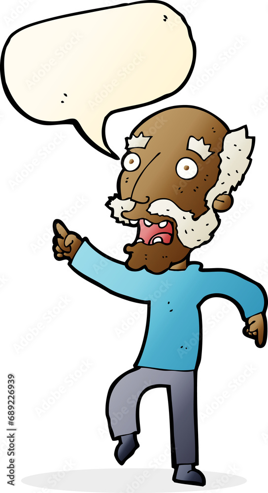 cartoon frightened old man with speech bubble