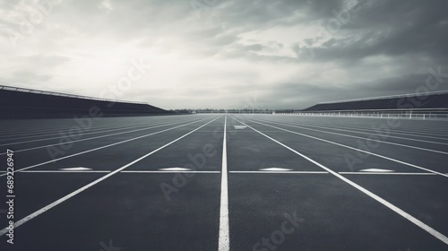 Photo realistic, low angle, scene of outdoor running track, starting line, lane numbers, white lines separating each lane, moody lighting, © Thuch