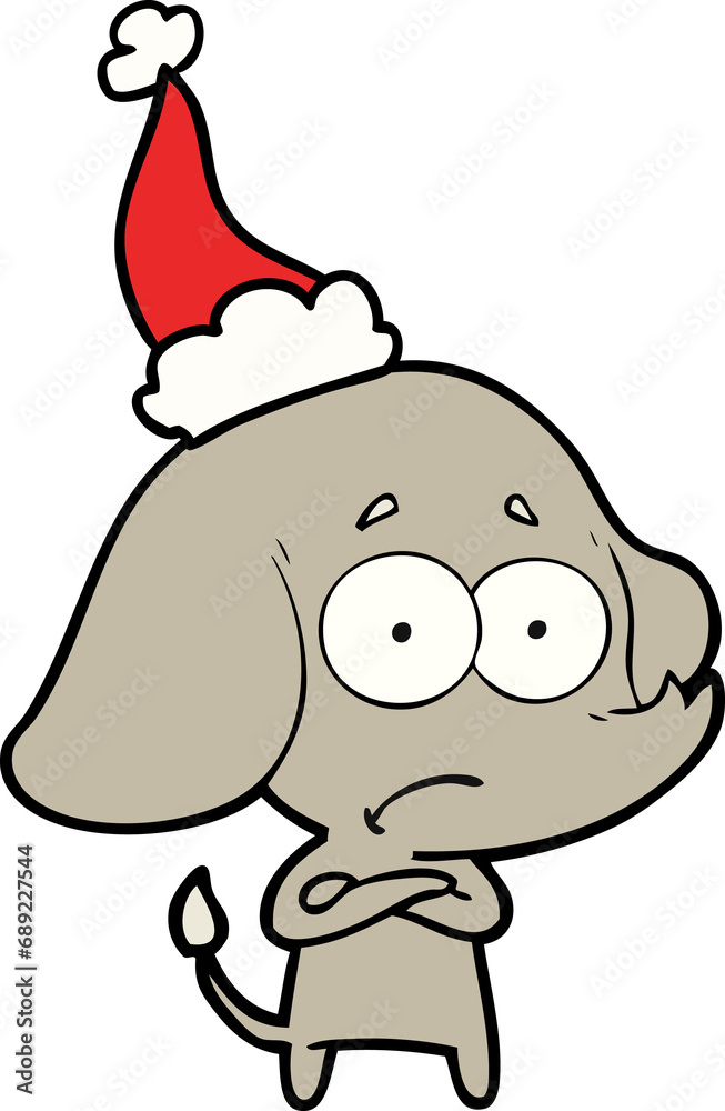 Obraz premium hand drawn line drawing of a unsure elephant wearing santa hat
