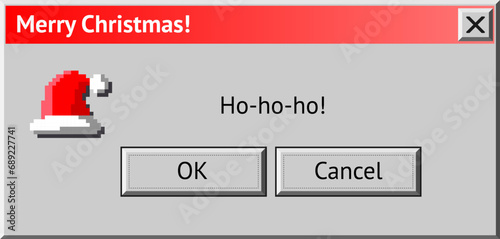 Merry Christmas themed dialogue box with Santa red hat. Abstract vaporwave, y2k aesthetics window with 90s style system message