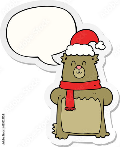 cartoon bear wearing christmas hat with speech bubble sticker © lineartestpilot