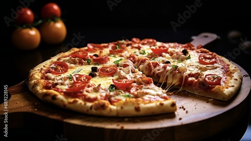 a pizza with tomatoes,cheese, olives and basil