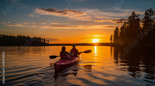 Couple Kayaking Together at Sunset on Serene Lake