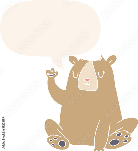 cartoon bear waving with speech bubble in retro style