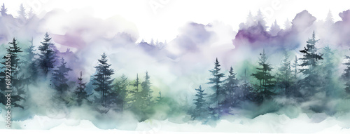 Watercolor nature spruce illustration tree fir background forest wood pine fog background art landscape