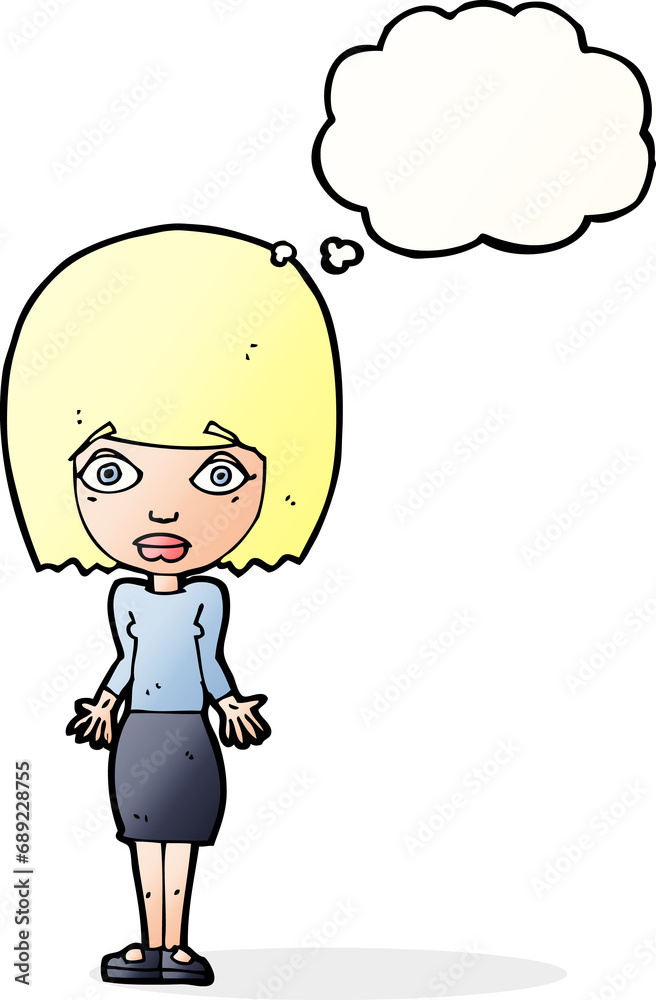 cartoon woman shrugging shoulders with thought bubble cartoon woman shrugging shoulders with thought bubble
