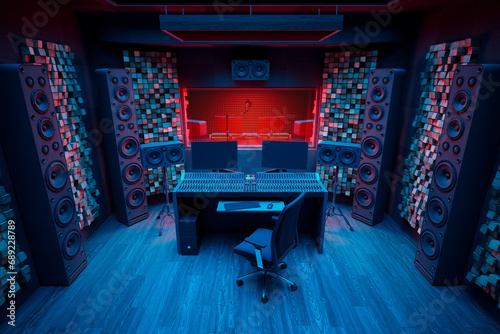 Contemporary Recording Studio with Vibrant Blue Red Lighting Design photo