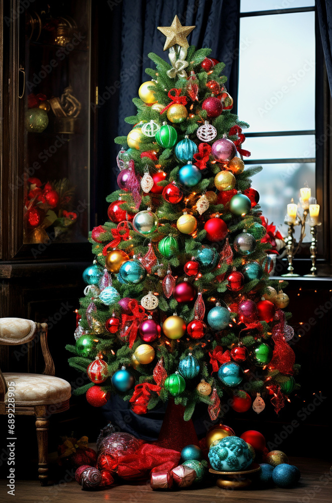 Christmas tree with colorful baubles and golden star in the room
