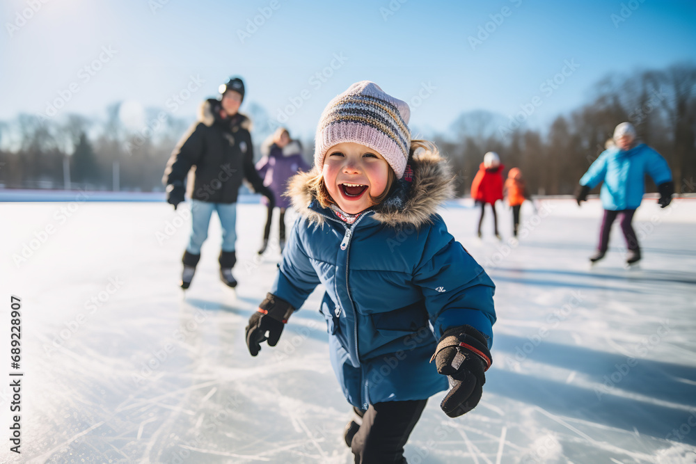 Children partaking in joyous winter activities on a frozen pond - playing ice games like hockey and skating - filled with laughter and creating a sense of community fun.