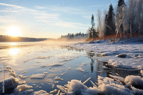 A serene frozen lake with clear ice - perfect for winter fishing activities - acting as a natural mirror reflecting the cold but beautiful surroundings.