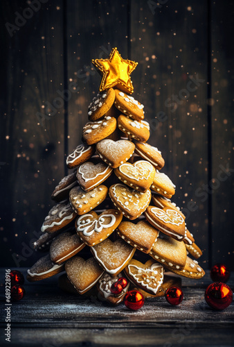 Christmas tree made of gingerbread cookies on wooden background. Toned.