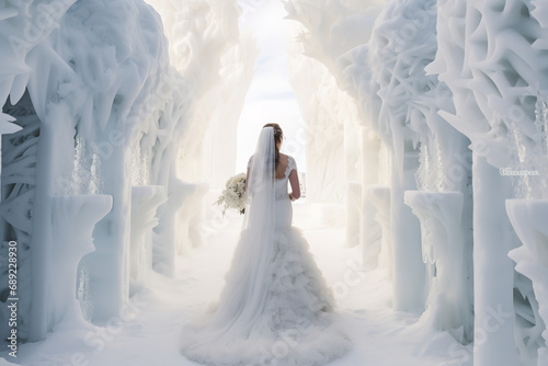 A unique wedding ceremony in an ice hotel - featuring a bride in a stunning gown against an icy backdrop - symbolizing romantic love in a breathtaking winter wonderland setting. photo