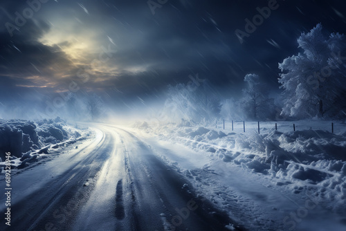 Icy roads presenting challenging driving conditions during a winter storm - with snow-covered streets demonstrating nature's fury and the hazards of cold weather. © Davivd