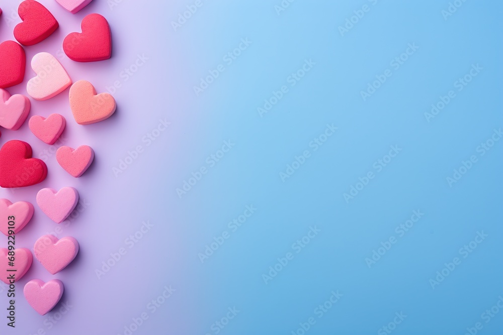 Valentine's Day background. Composition with candy hearts on pastel blue background. Valentines Day greating card. Flat lay, top view. Valentine's Day background. Composition with candy hearts on pastel blue background. Valentines Day greating card. Flat lay, top view.