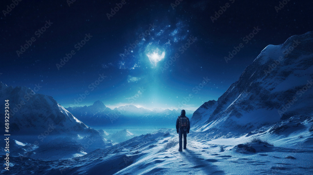A mountaineer-traveler in the mountains observes the amazing shine of a star in the night sky, Рicture drawn with brush strokes, AI digital painting A mountaineer-traveler in the mountains observes the amazing shine of a star in the night sky, Рicture drawn with brush strokes, AI digital painting