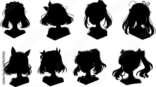 Anime girls set of vector silhouette, isolated, black color photo