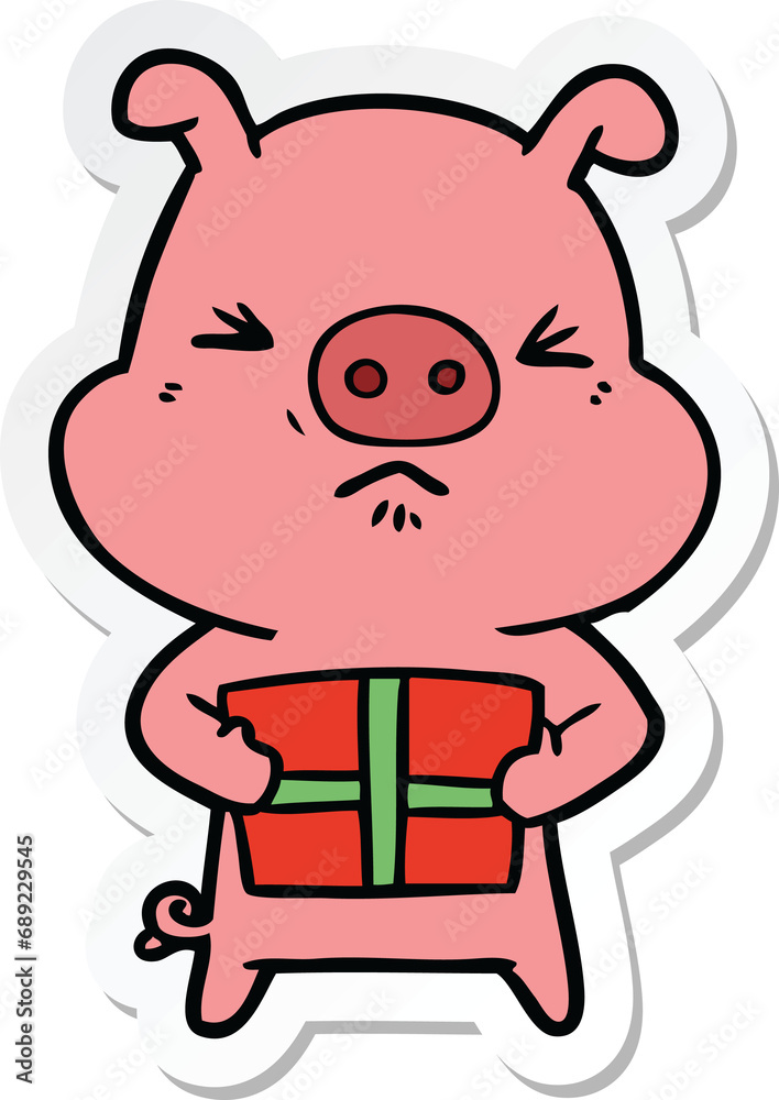 sticker of a cartoon angry pig with christmas present sticker of a cartoon angry pig with christmas present