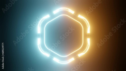  Abstract background with Dancing techno yellow and blue light hexagon with Light Lines Moving Fast. Futuristic hexagon neon with groovy disco wave.Seamless loop. Glowing neon lights disco party