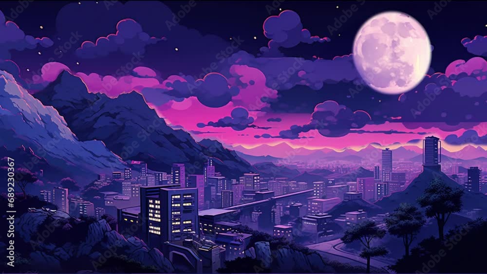  Loop animated virtual backgrounds Landscape city background moon, dark sky and stars with a colorful fractal nebula Generative AI