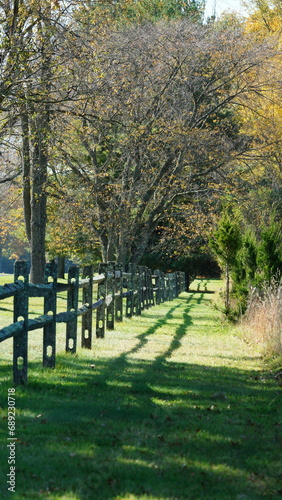 The wood fence view with the green meadow and colorful trees as background in autumn