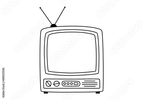 Hand drawn cute outline illustration of retro television. Flat vector old TV sticker in line art doodle style. Vintage broadcasting device for watching news or movies with antenna icon. Isolated.