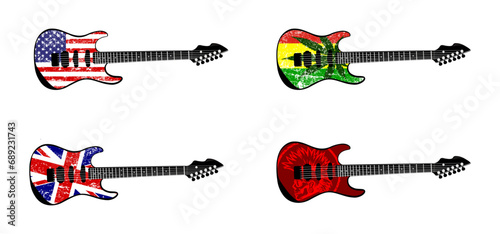 guitar icon with grunge design (usa flag, union jack flag, rasta reggae, punk skull)
