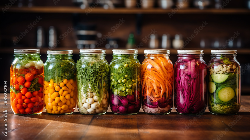 Homemade pickles, canned food. Fermented farmed vegetables homemade in jars on table Homemade pickles, canned food. Fermented farmed vegetables homemade in jars on table