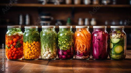 Homemade pickles, canned food. Fermented farmed vegetables homemade in jars on table